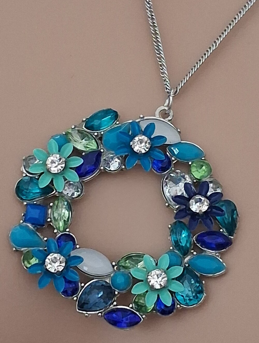 Silvertone Floral Wreath Pendant Necklace Blue, Green